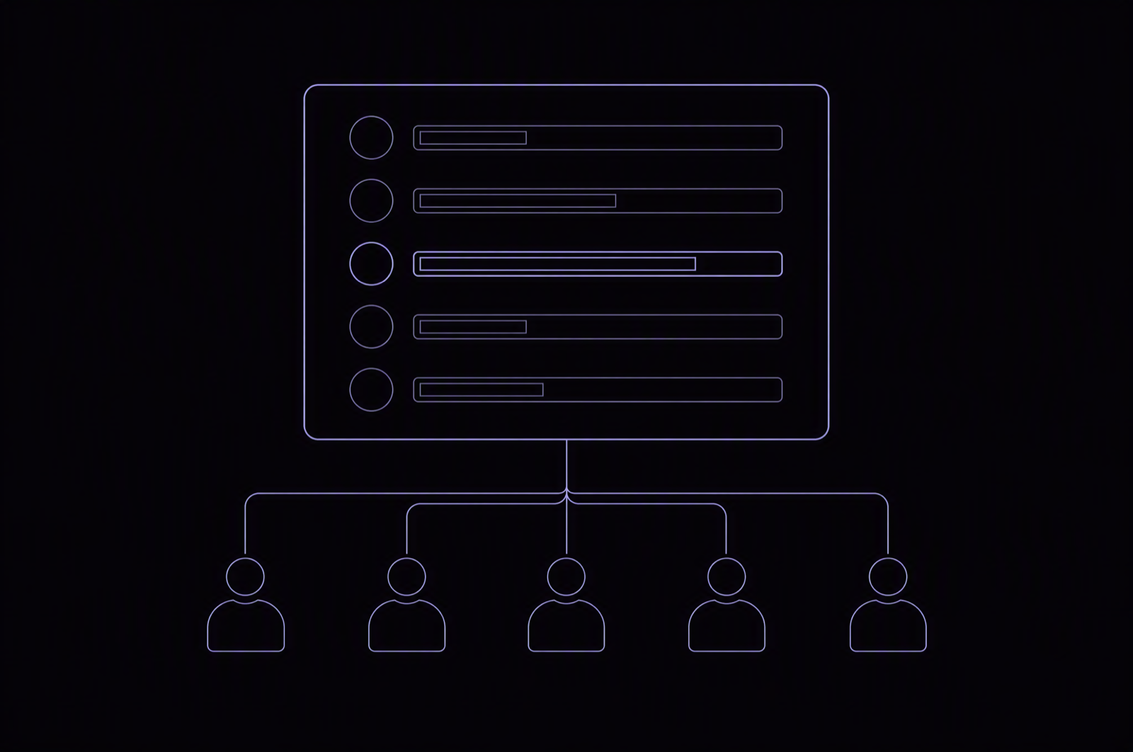 Line drawing of five person symbols feeding one shared overview panel
